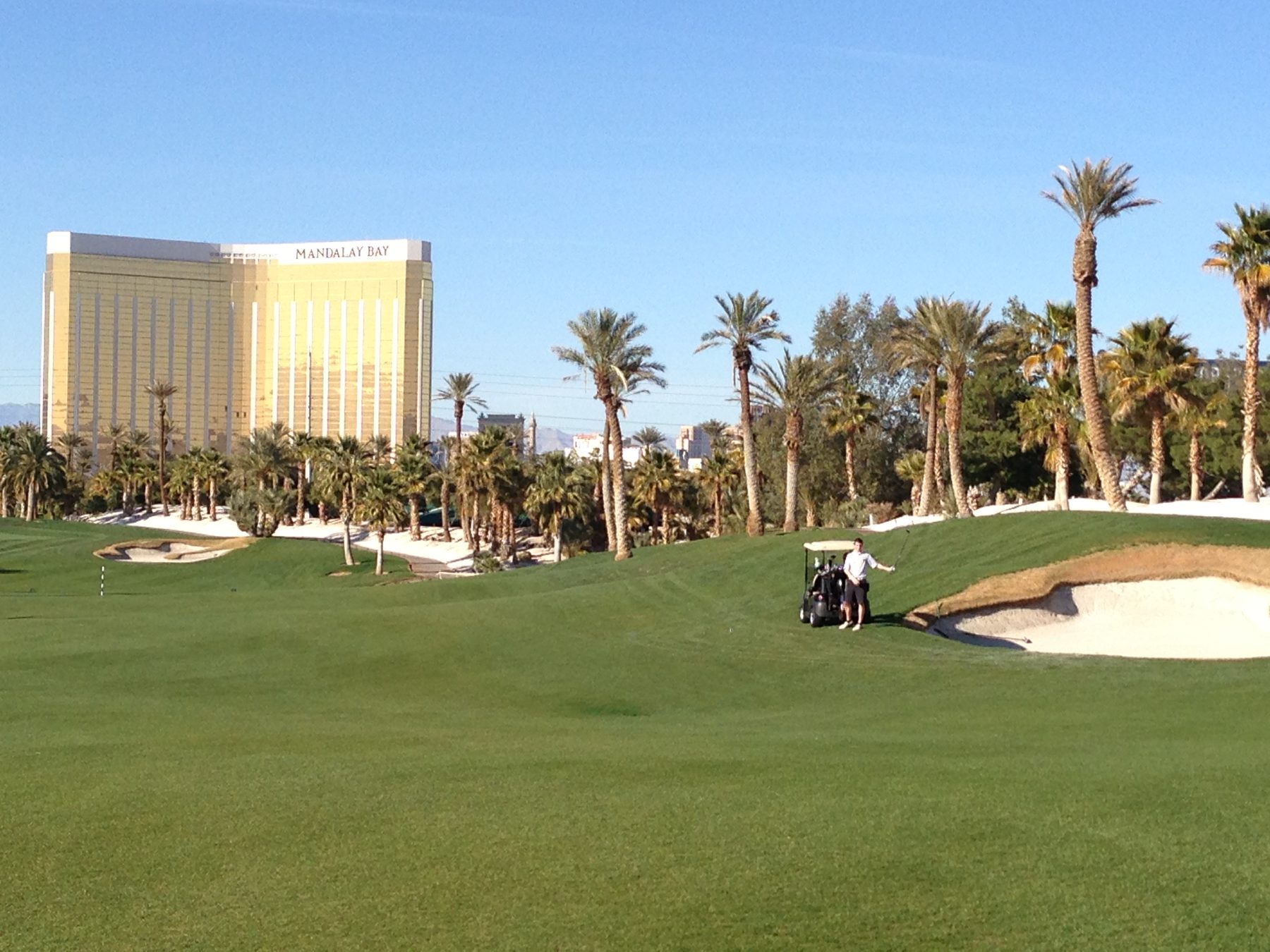Palms, bunkers, and a skyline. Not a normal golf photograph.