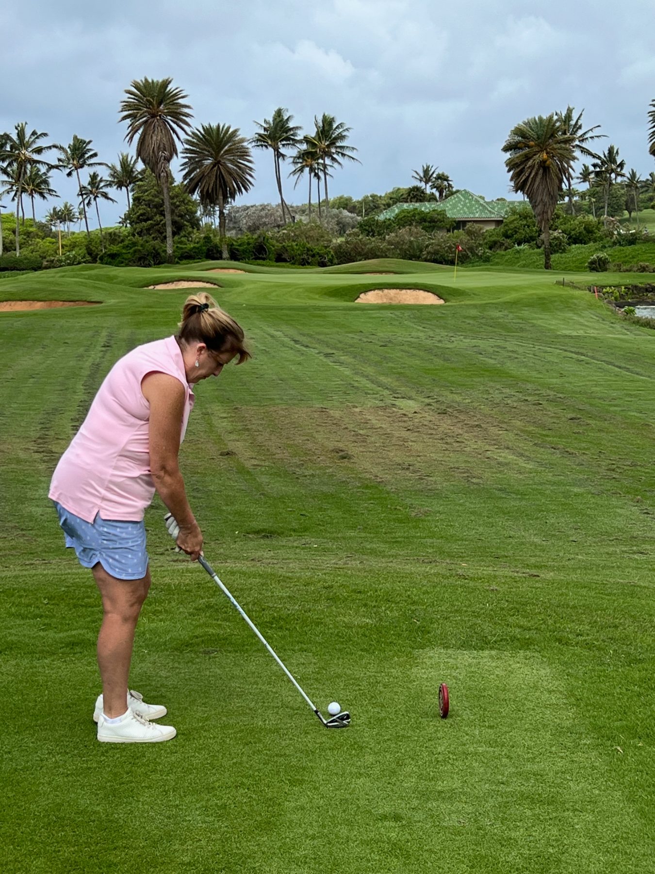 Approach shot with palms behind the green