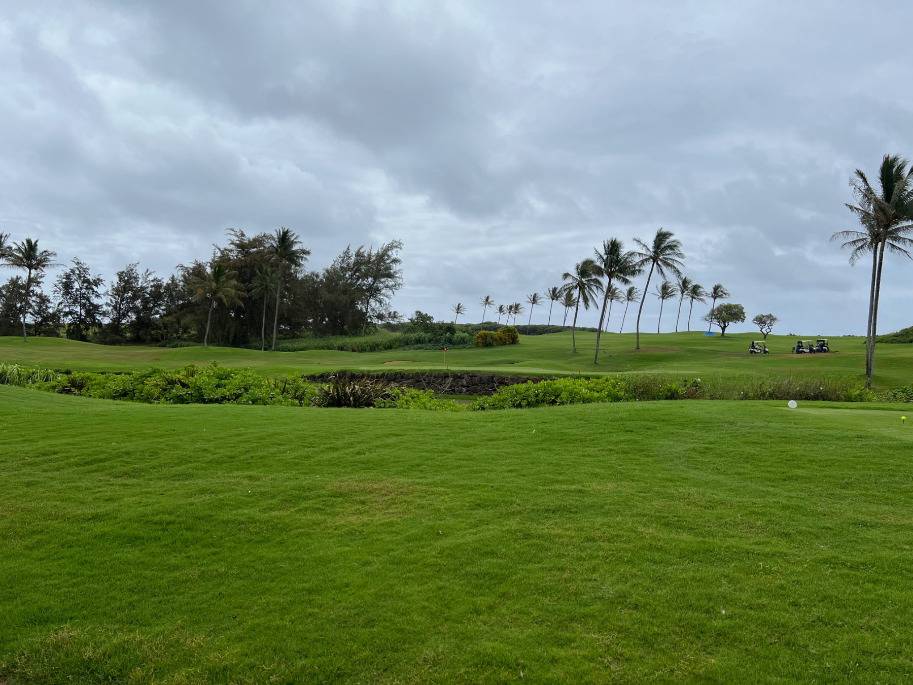 Wide fairway under grey skies