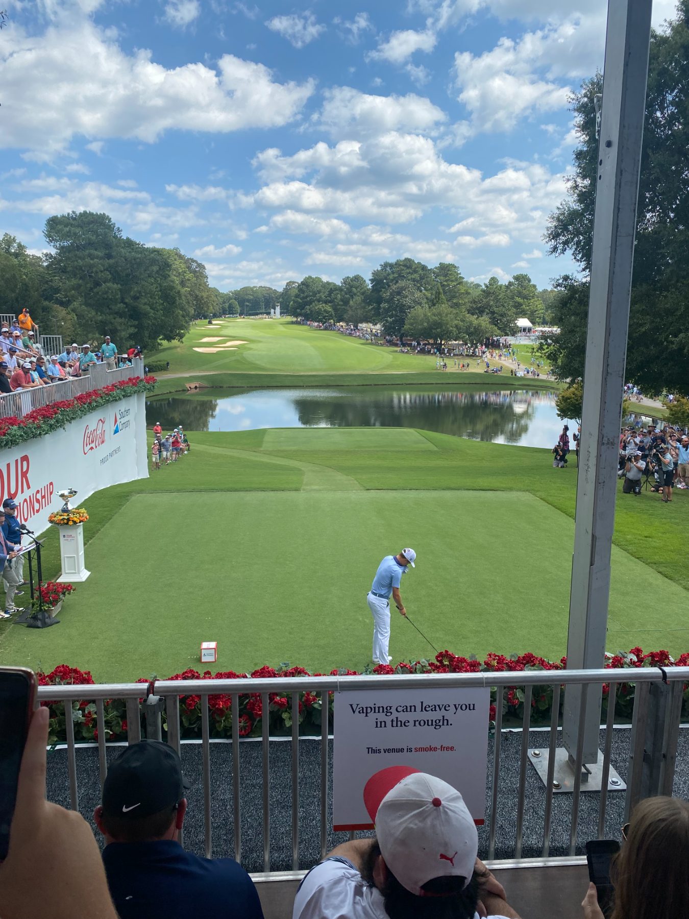 First tee at 18 with the trophy sitting right there.