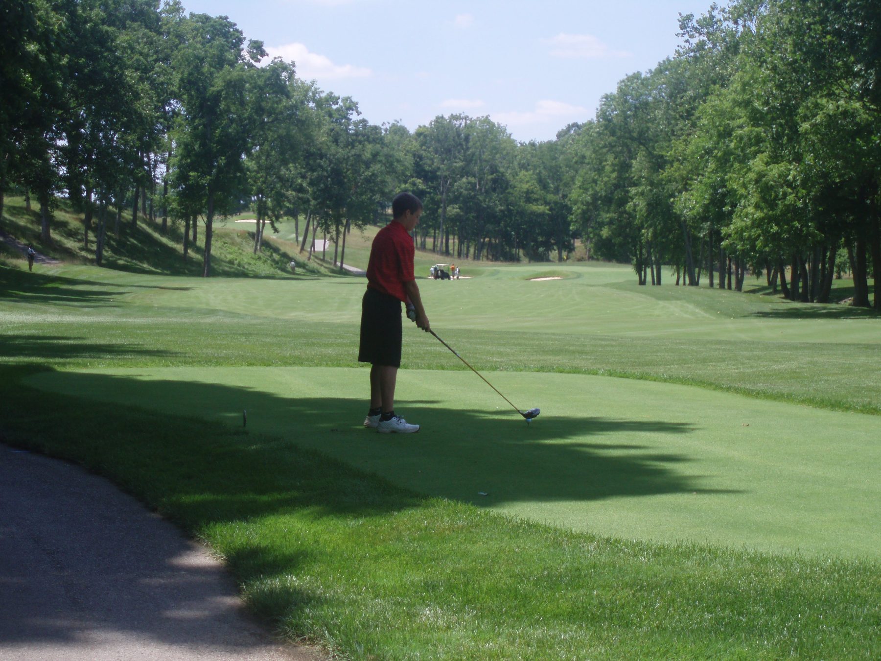 Tee shot down the hill. Big trees, big fairway, big trouble either side.